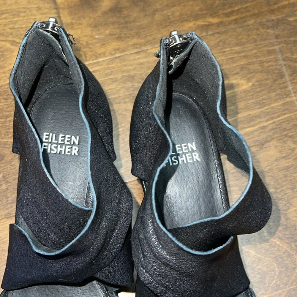 Eileen Fisher Black Leather Crisscross Wedge Sandals